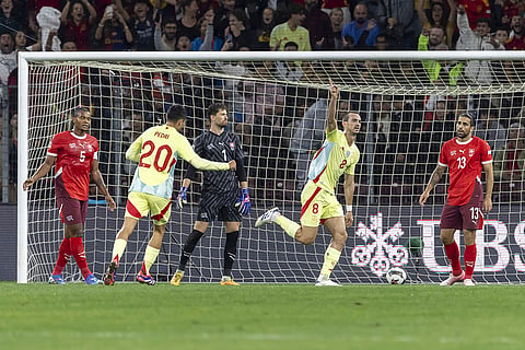 2024–25 UEFA Nations League, Switzerland vs Spain: Spain's midfielder Fabian Ruiz, 2nd right, celebrates his goal